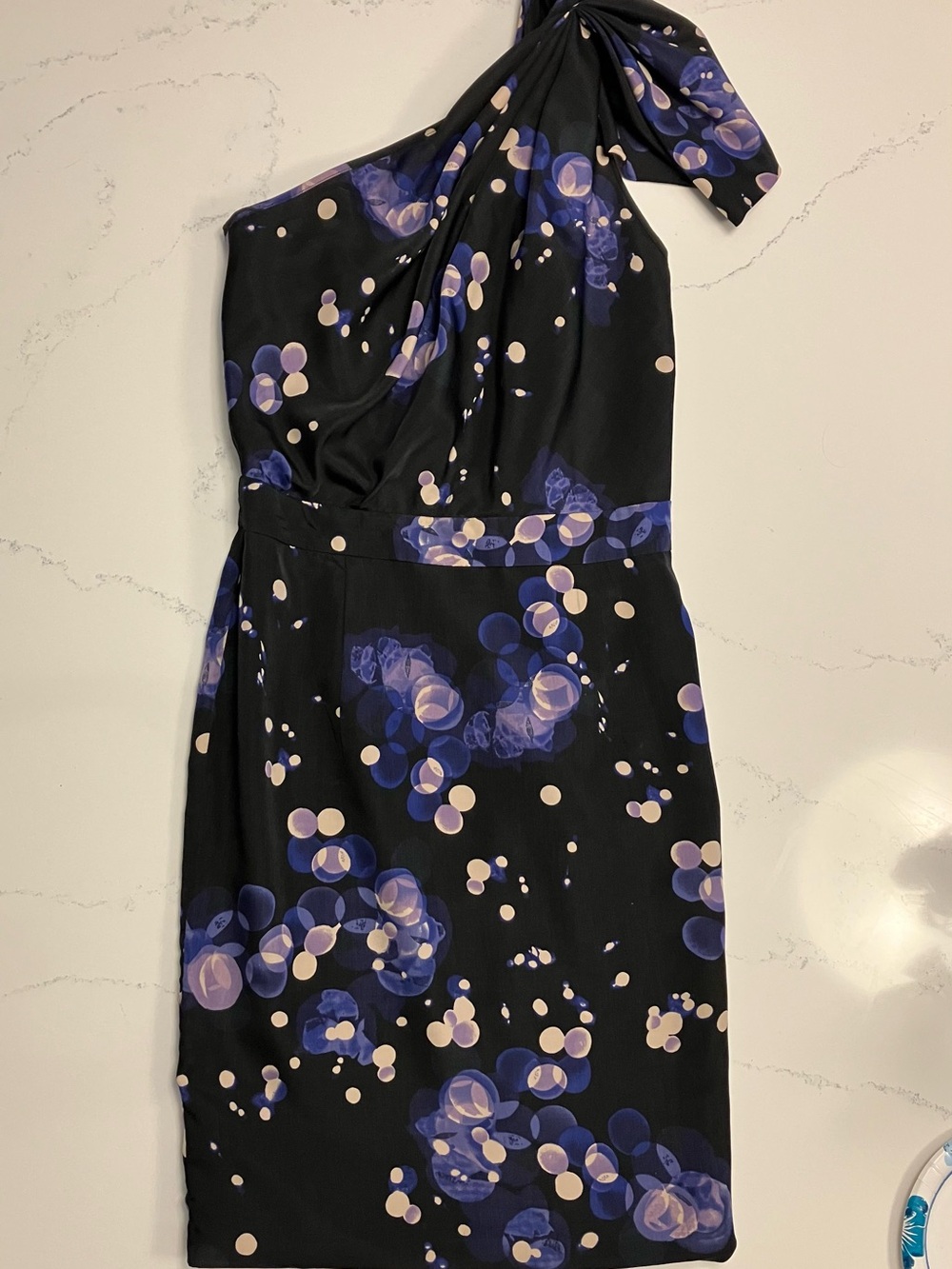The Limited Black One-Shoulder Dress with Blue Floral and Cream Dot Print